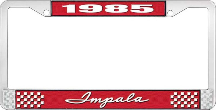 1985 Impala Red And Chrome License Plate Frame With White Lettering