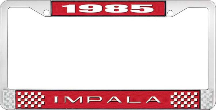 1985 Impala Red And Chrome License Plate Frame With White Lettering