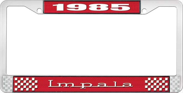 1985 Impala Red And Chrome License Plate Frame With White Lettering