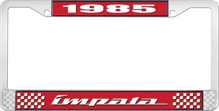 1985 Impala Red And Chrome License Plate Frame With White Lettering