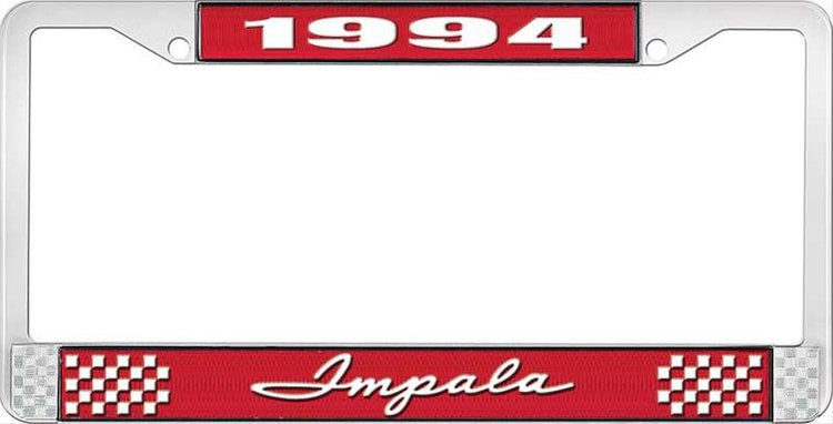 1994 Impala Red And Chrome License Plate Frame With White Lettering