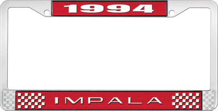 1994 Impala Red And Chrome License Plate Frame With White Lettering