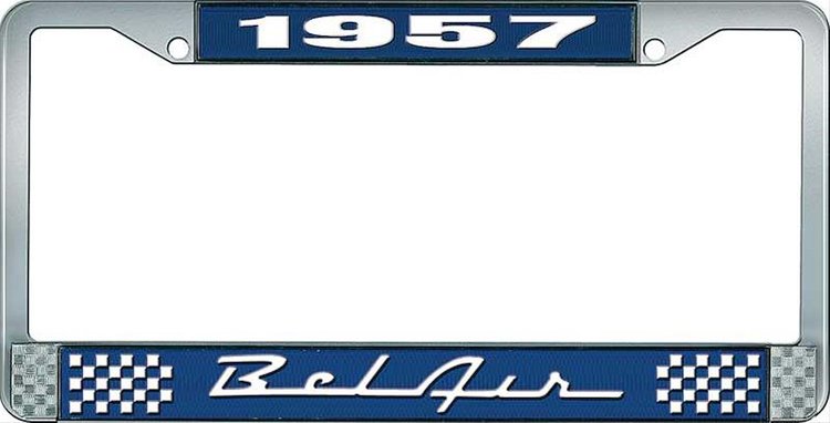 1957 Bel Air Blue And Chrome License Plate Frame With White Lettering