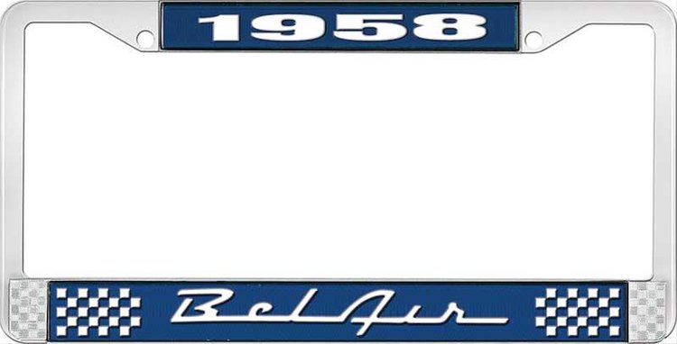 1958 Bel Air Blue And Chrome License Plate Frame With White Lettering