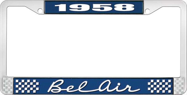 1958 Bel Air Blue And Chrome License Plate Frame With White Lettering