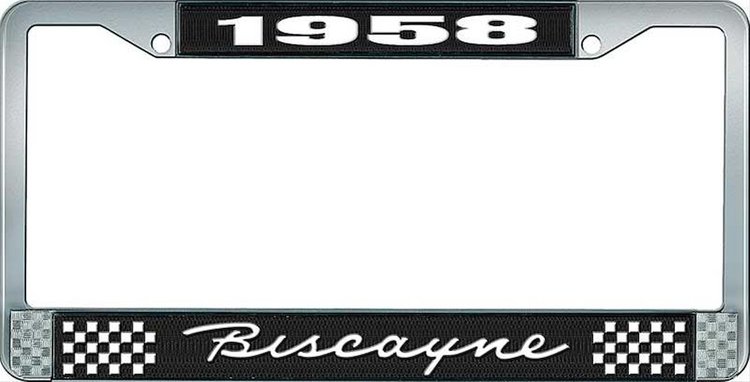 1958 Biscayne Black And Chrome License Plate Frame With White Lettering