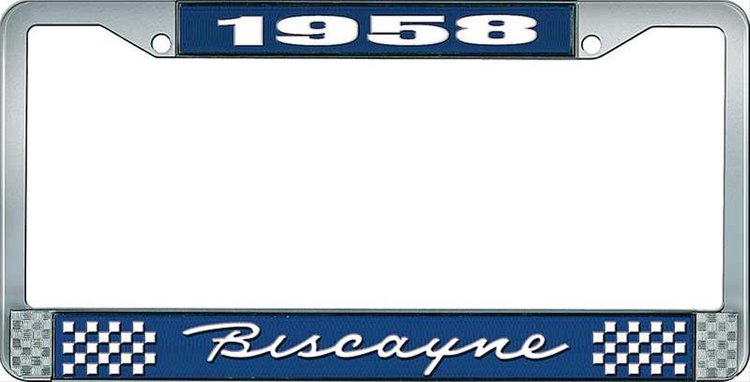 1958 Biscayne Blue And Chrome License Plate Frame With White Lettering