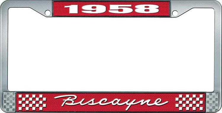 1958 Biscayne Red And Chrome License Plate Frame With White Lettering