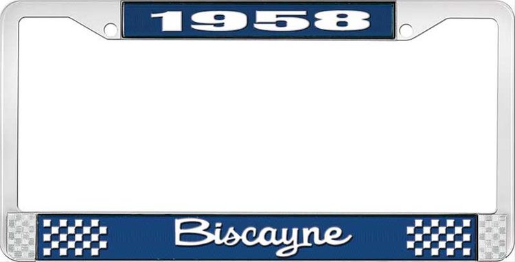 1958 Biscayne Blue And Chrome License Plate Frame With White Lettering
