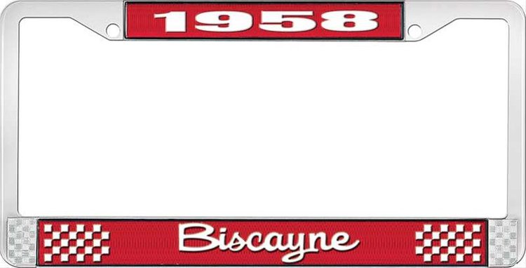1958 Biscayne Red And Chrome License Plate Frame With White Lettering