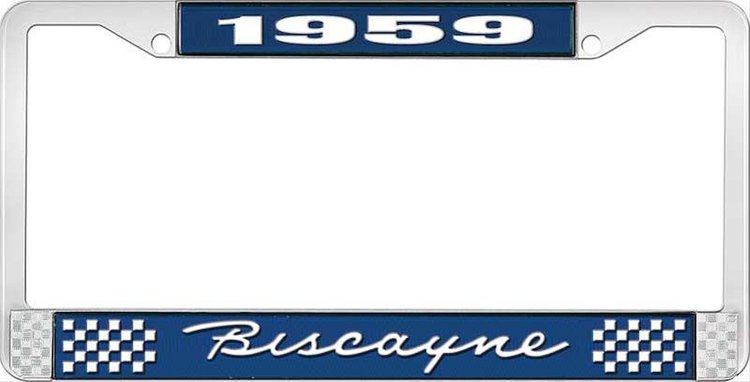 1959 Biscayne Blue And Chrome License Plate Frame With White Lettering