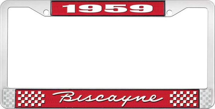 1959 Biscayne Red And Chrome License Plate Frame With White Lettering