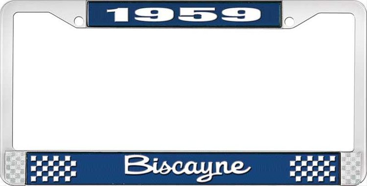 1959 Biscayne Blue And Chrome License Plate Frame With White Lettering