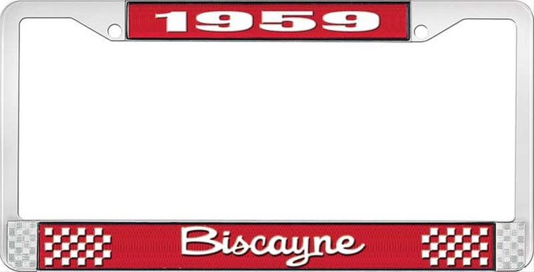1959 Biscayne Red And Chrome License Plate Frame With White Lettering