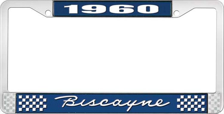 1960 Biscayne Blue And Chrome License Plate Frame With White Lettering