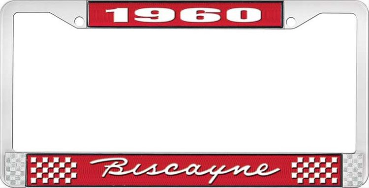 1960 Biscayne Red And Chrome License Plate Frame With White Lettering