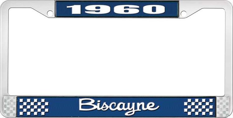 1960 Biscayne Blue And Chrome License Plate Frame With White Lettering