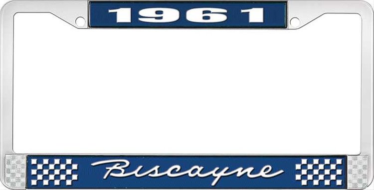 1961 Biscayne Blue And Chrome License Plate Frame With White Lettering