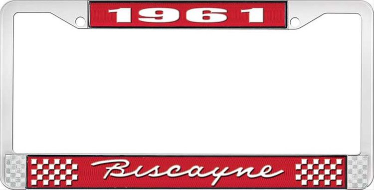 1961 Biscayne Red And Chrome License Plate Frame With White Lettering