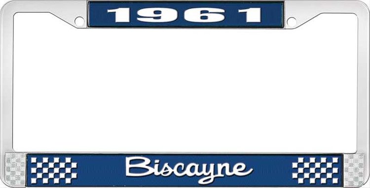 1961 Biscayne Blue And Chrome License Plate Frame With White Lettering