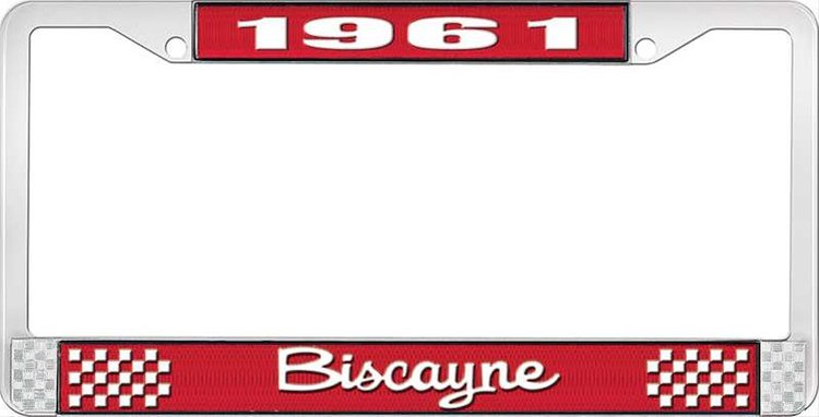 1961 Biscayne Red And Chrome License Plate Frame With White Lettering