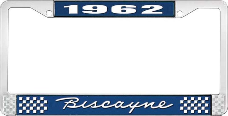 1962 Biscayne Blue And Chrome License Plate Frame With White Lettering