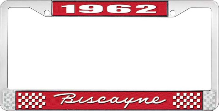 1962 Biscayne Red And Chrome License Plate Frame With White Lettering