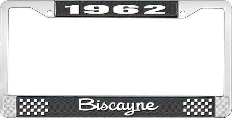 1962 Biscayne Black And Chrome License Plate Frame With White Lettering