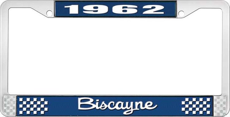 1962 Biscayne Blue And Chrome License Plate Frame With White Lettering