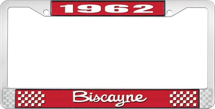 1962 Biscayne Red And Chrome License Plate Frame With White Lettering