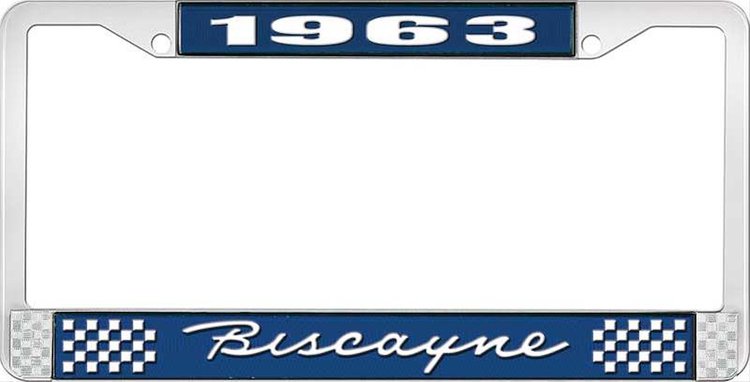 1963 Biscayne Blue And Chrome License Plate Frame With White Lettering