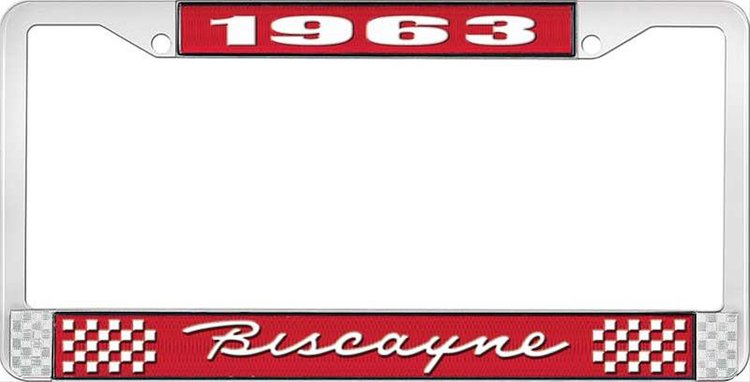 1963 Biscayne Red And Chrome License Plate Frame With White Lettering