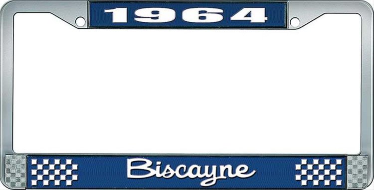 1964 Biscayne Blue And Chrome License Plate Frame With White Lettering