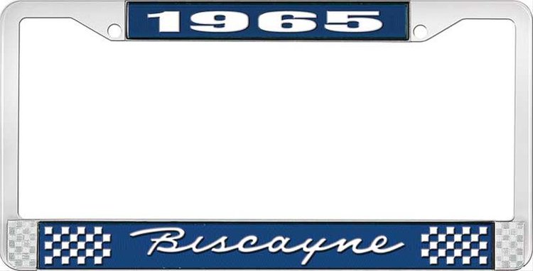 1965 Biscayne Blue And Chrome License Plate Frame With White Lettering