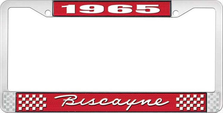 1965 Biscayne Red And Chrome License Plate Frame With White Lettering