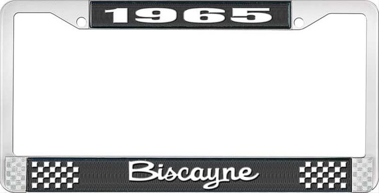 1965 Biscayne Black And Chrome License Plate Frame With White Lettering