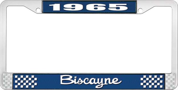 1965 Biscayne Blue And Chrome License Plate Frame With White Lettering