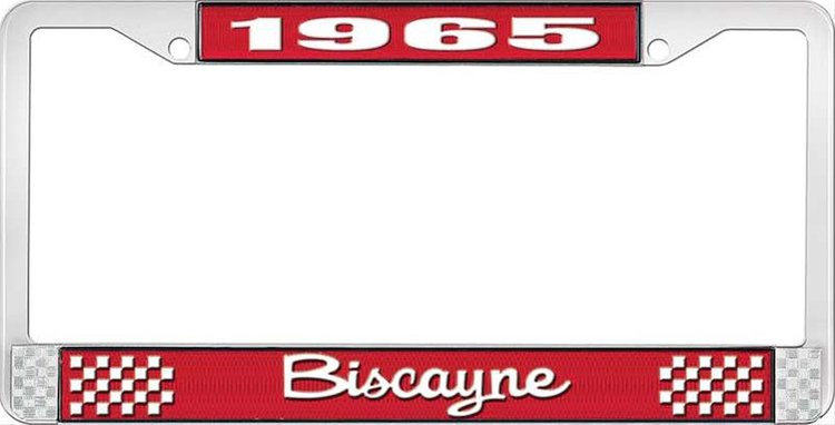1965 Biscayne Red And Chrome License Plate Frame With White Lettering