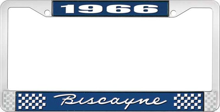 1966 Biscayne Blue And Chrome License Plate Frame With White Lettering