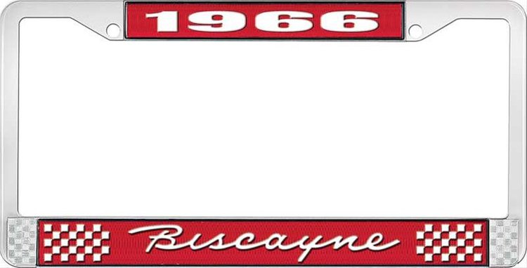 1966 Biscayne Red And Chrome License Plate Frame With White Lettering