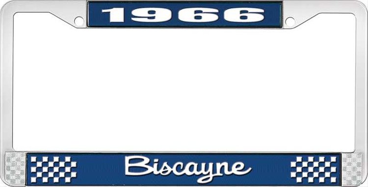 1966 Biscayne Blue And Chrome License Plate Frame With White Lettering