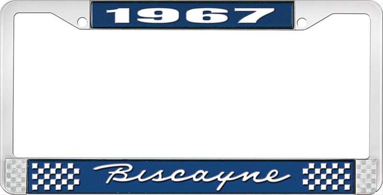 1967 Biscayne Blue And Chrome License Plate Frame With White Lettering