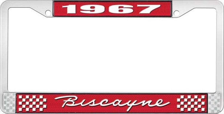 1967 Biscayne Red And Chrome License Plate Frame With White Lettering