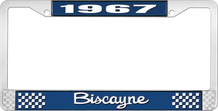 1967 Biscayne Blue And Chrome License Plate Frame With White Lettering