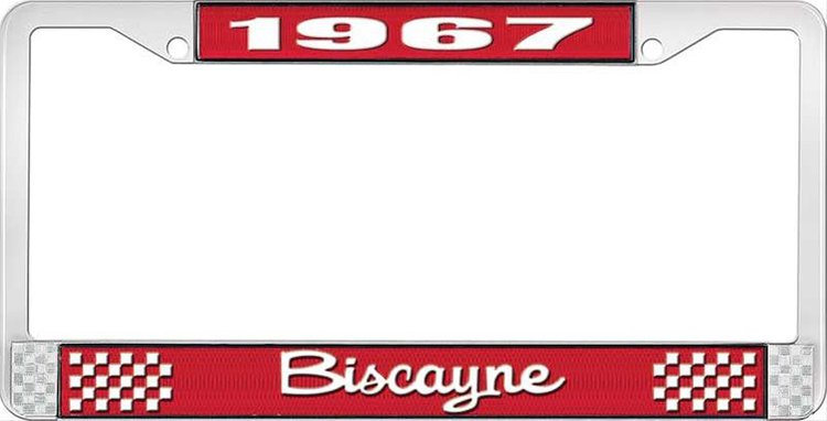 1967 Biscayne Red And Chrome License Plate Frame With White Lettering