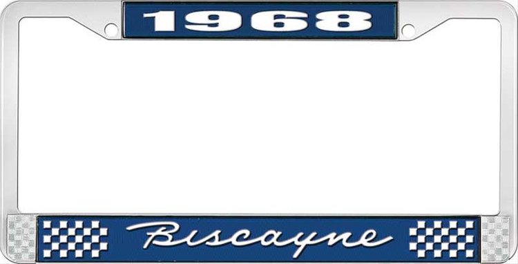 1968 Biscayne Blue And Chrome License Plate Frame With White Lettering