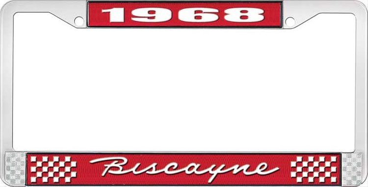 1968 Biscayne Red And Chrome License Plate Frame With White Lettering