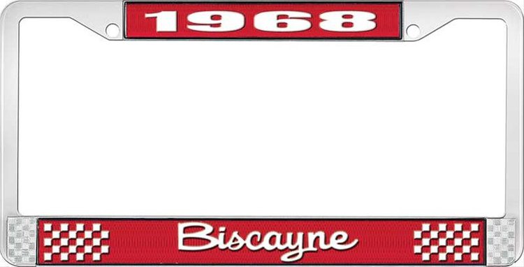 1968 Biscayne Red And Chrome License Plate Frame With White Lettering