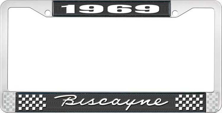 1969 Biscayne Black And Chrome License Plate Frame With White Lettering