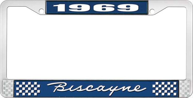 1969 Biscayne Blue And Chrome License Plate Frame With White Lettering